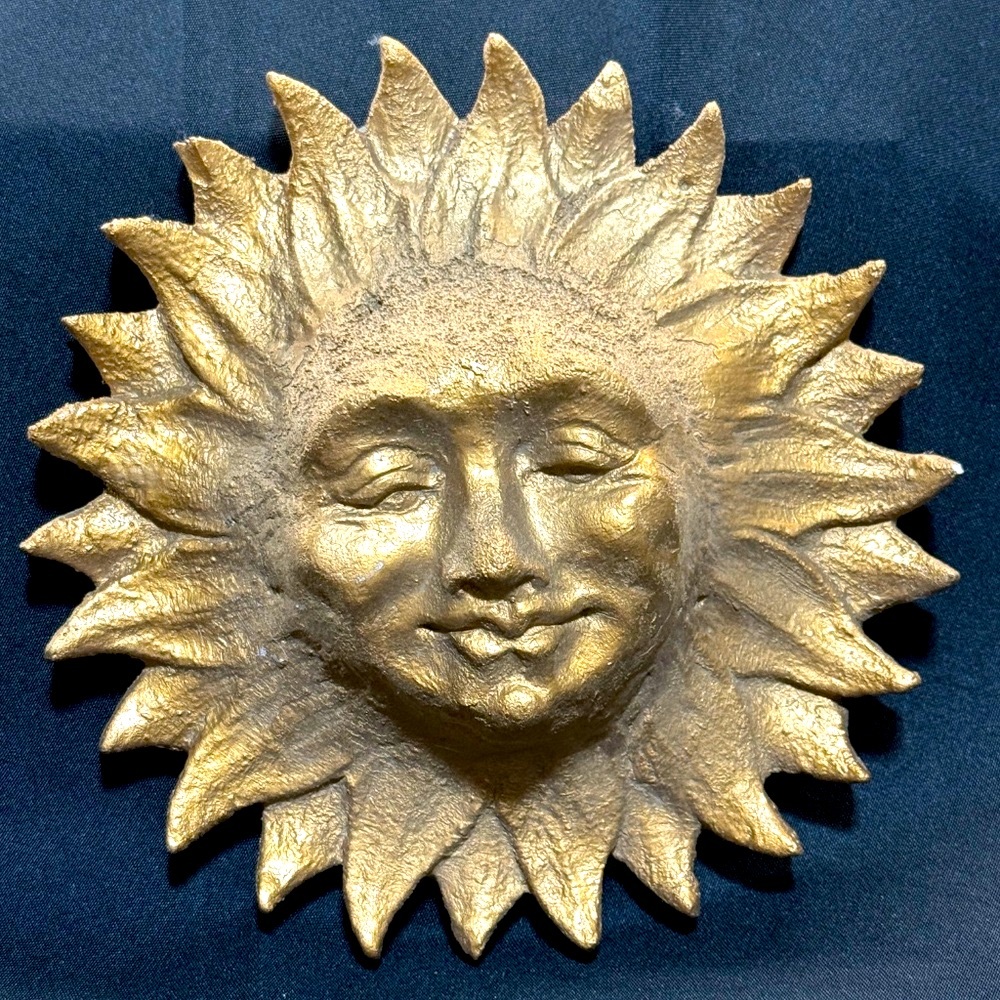 Vintage Hayes Parker Signed Stonecast Sun Face Antique Gold Wall Hanging 10"
